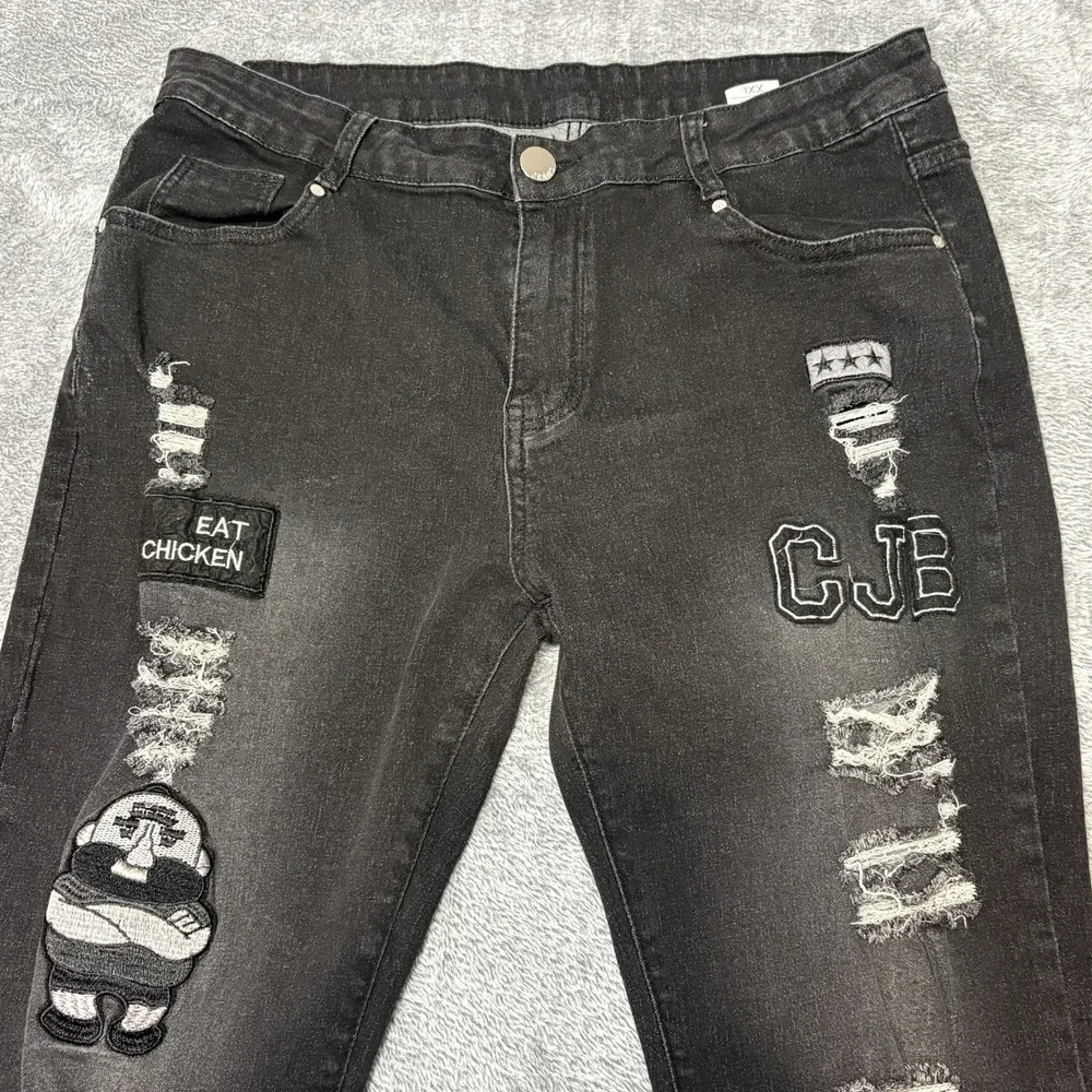 Black Distressed Skinny Jeans XXL Patches Graphic Streetwear Stretch Denim - Picture 2 of 12